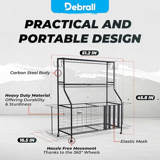 Sport Equipment Storage – Ball and Accessories Rolling Organizer, Storage Cart with Hooks and Baskets, for Indoors and Outdoors, Bicycle Rack