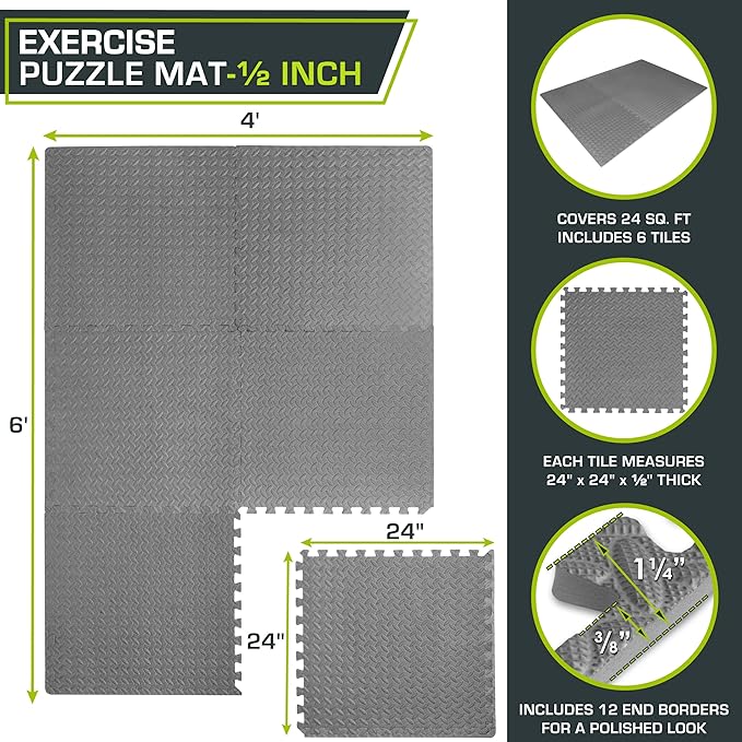 ProsourceFit Puzzle Exercise Mat ½ in, EVA Interlocking Foam Floor Tiles for Home Gym, Mat for Home Workout Equipment, Floor Padding for Kids, Black, 24 in x 24 in x ½ in, 144 Sq Ft - 36 Tiles