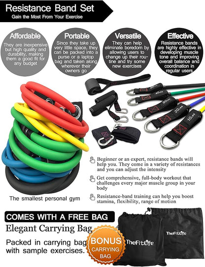 TheFitLife Exercise Resistance Bands with Handles - 5 Fitness Workout Bands Stackable up to 110/150/200/250/300 lbs, Training Tubes with Large Handles, Ankle Straps, Door Anchor, Carry Bag