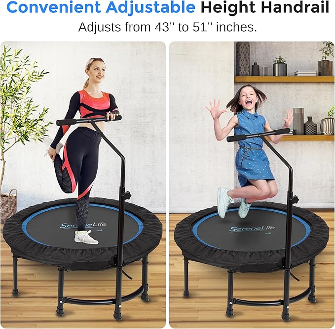 SereneLife 40"/48" Foldable Mini Trampoline - Compact Fitness Trampoline for Kids Adults, Exercise Bungee Rebounder with Adjustable Foam Handle, Indoor/Garden Workout Equipment, Max Load 264 lbs