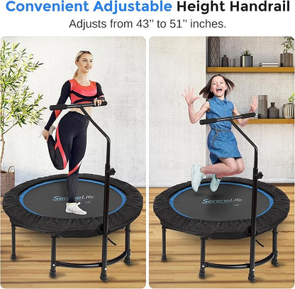 SereneLife 40"/48" Foldable Mini Trampoline - Compact Fitness Trampoline for Kids Adults, Exercise Bungee Rebounder with Adjustable Foam Handle, Indoor/Garden Workout Equipment, Max Load 264 lbs