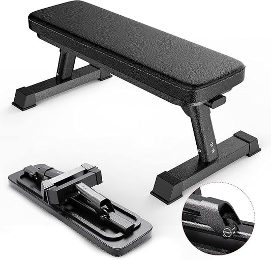 Finer Form Gym Quality Foldable Flat Bench for Multi-Purpose Weight Training and Ab Exercises - Free PDF Workout Chart Included