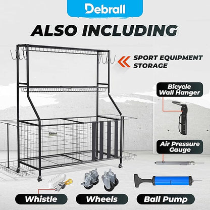 Sport Equipment Storage – Ball and Accessories Rolling Organizer, Storage Cart with Hooks and Baskets, for Indoors and Outdoors, Bicycle Rack