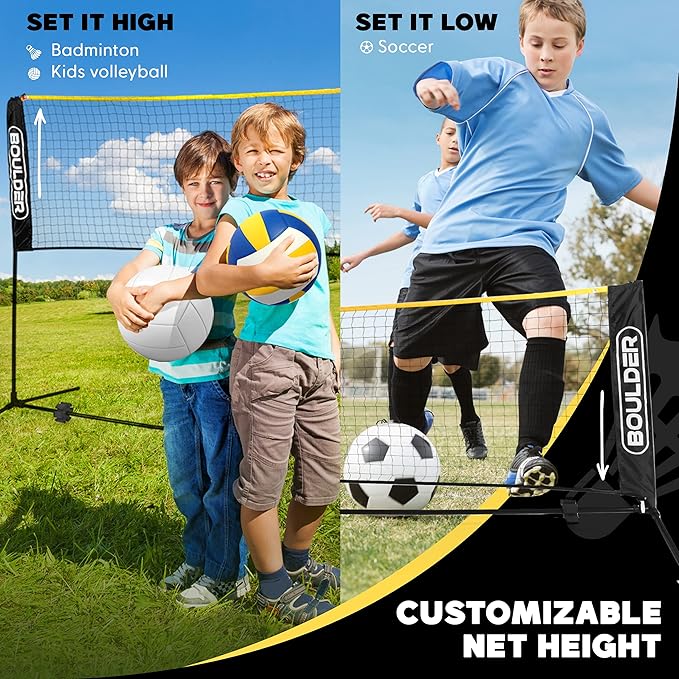 Boulder Badminton Pickleball Net - Adjustable Portable Net for Junior Tennis, Kids Volleyball & Soccer, and Backyard Games - Easy Setup Nylon Sports Net with Poles 10 ft/14ft/17ft/22ft Wide