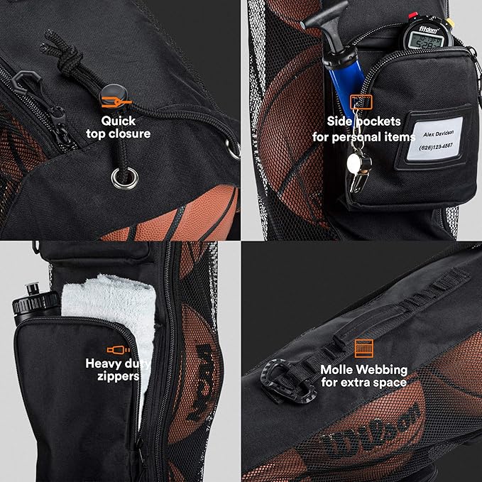 Fitdom Heavy Duty XL Basketball Mesh Equipment Ball Bag w/Shoulder Strap Design for Coach with 2 Front Pockets for Coaching & Sport Accessories. This Team Tube Carrier Can Store Up to 5 Basketballs