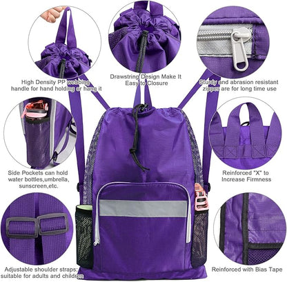 BeeGreen Gym Bag Drawstring Backpack With Zipper Pocket Swim Bag for Men Women Swimmers Sports Bag for Beach Pool Workout Gifts With 2 Mesh Pockets Cinch Bag Dark Purple