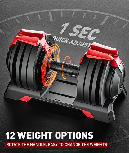 Adjustable Dumbbell, 52.5/54LBS with 12 Free Weights, 1-Sec Fast Adjustable, Premium Comfort Non-slip Metal Handle, Compact Size for Full Body Home Workout (Single)