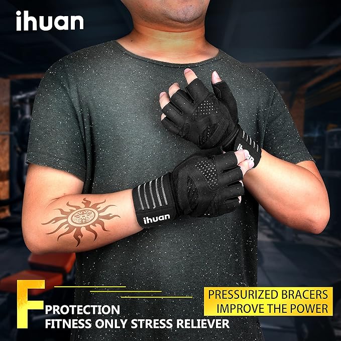 ihuan Ventilated Weight Lifting Gym Workout Gloves with Wrist Wrap Support for Men & Women, Full Palm Protection, for Weightlifting, Training, Fitness, Hanging, Pull ups