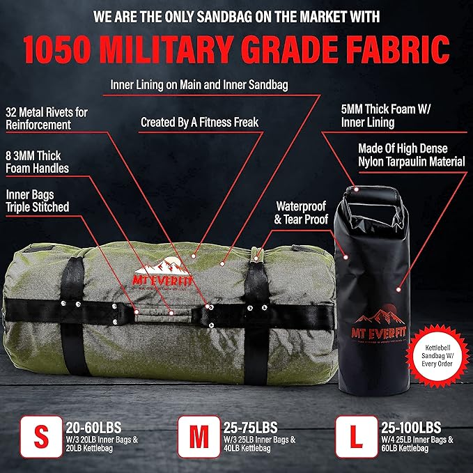 Sandbag Workout Bag & Sandbag Kettlebell Set - Heavy Duty Functional Triple Stitched Fitness Sandbags Made from 1050 Cordura with 8 Thick Foam Padded Handles & 3 Inner Bags