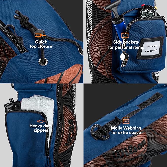 Fitdom Heavy Duty XL Basketball Mesh Equipment Ball Bag w/Shoulder Strap Design for Coach with 2 Front Pockets for Coaching & Sport Accessories. This Team Tube Carrier Can Store Up to 5 Basketballs