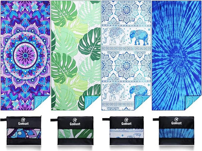 4 Pack Lightweight Thin Beach Towel Oversized 71"x32" Big Extra Large Microfiber Sand Free Towels for Adult Quick Dry Travel Camping Beach Accessories Vacation Essential Mandala Tie Dye Elephant Leaf