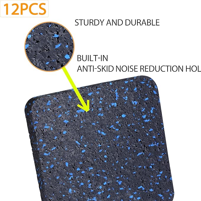 Protect Your Floors with High-Density Rubber Treadmill Mat Pads - Set of 12, 3.94" x 3.94" x 0.5" Exercise Equipment Mats Black