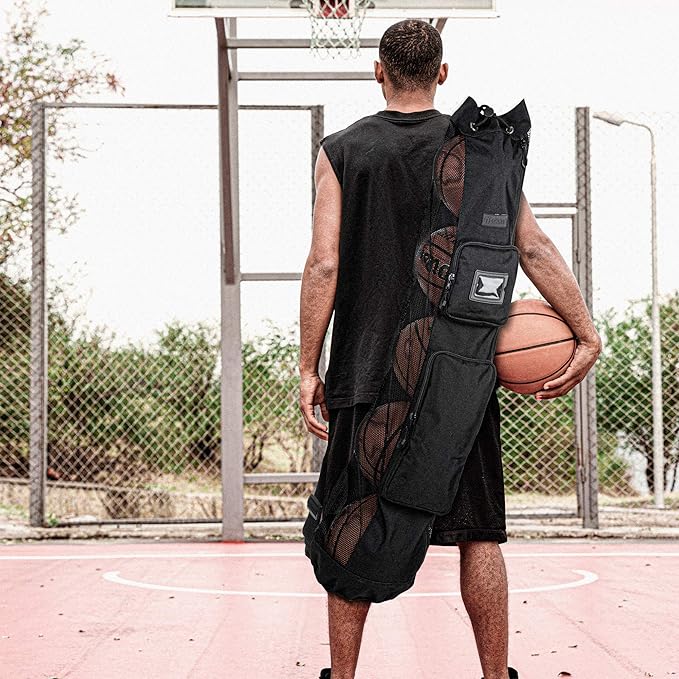 Fitdom Heavy Duty XL Basketball Mesh Equipment Ball Bag w/Shoulder Strap Design for Coach with 2 Front Pockets for Coaching & Sport Accessories. This Team Tube Carrier Can Store Up to 5 Basketballs