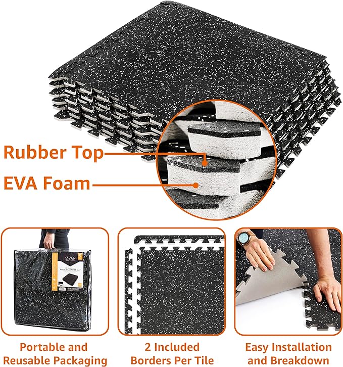 Sivan Fitness 1/2" Thick Rubber Top High-Density EVA Foam Gym Flooring for Home Gym - Exercise Mat Tiles for Workout, Yoga, MMA, Heavy Exercise Equipment Mat - Interlocking Gym Floor Mat