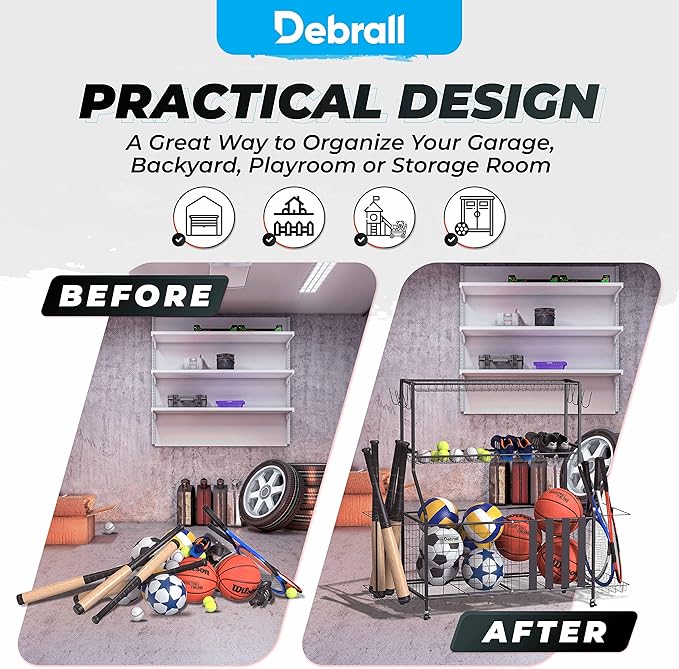 Sport Equipment Storage – Ball and Accessories Rolling Organizer, Storage Cart with Hooks and Baskets, for Indoors and Outdoors, Bicycle Rack