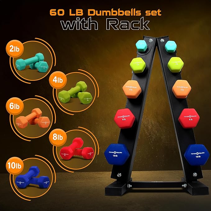 Neoprene Workout Dumbbell set with Rack 2.00MM - Non Slip, Anti Roll & Hex Shape - Fitness Dumbbells Combo, Space Saving Ideal for Home and Gym training