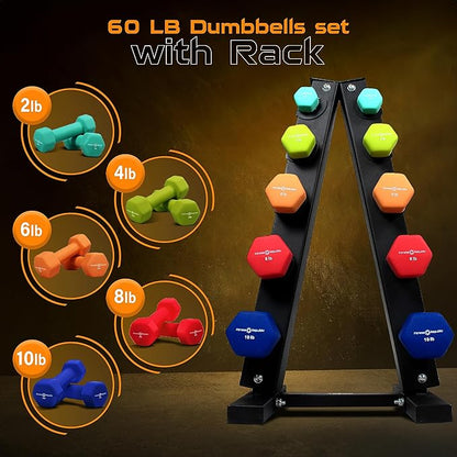 Neoprene Workout Dumbbell set with Rack 2.00MM - Non Slip, Anti Roll & Hex Shape - Fitness Dumbbells Combo, Space Saving Ideal for Home and Gym training