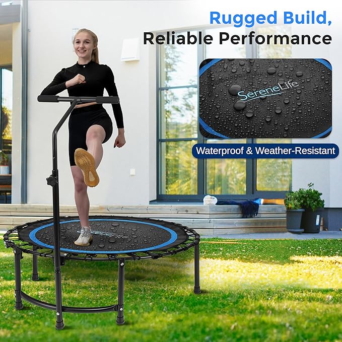 SereneLife 40"/48" Foldable Mini Trampoline - Compact Fitness Trampoline for Kids Adults, Exercise Bungee Rebounder with Adjustable Foam Handle, Indoor/Garden Workout Equipment, Max Load 264 lbs