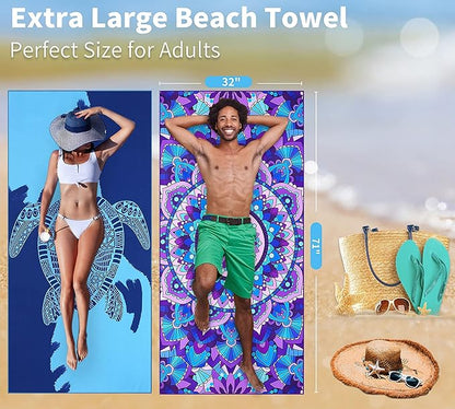 2 Pack Lightweight Thin Beach Towel Oversized 71"x32" Big Extra Large Microfiber Sand Free Towels for Adult Quick Dry Travel Camping Beach Accessories Vacation Essential Gift Blue Sea Turtle Mandala