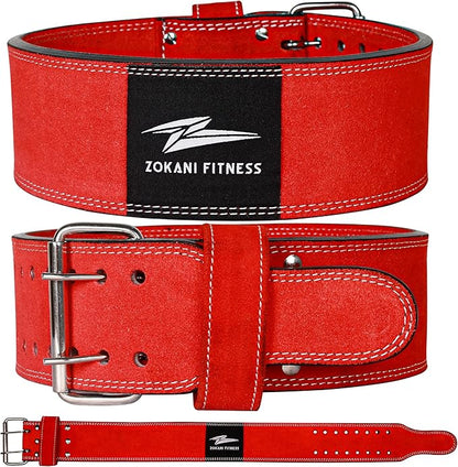 Zokani Thick Leather Weight Lifting Belt - 6MM Genuine Double Prong Power Belt - 4-Inch Wide, Adjustable Support for Deadlifts, Squats, Powerlifting - 100% Leather Gym Belt for Strength Training (Red) (Small 24" - 32", suede leather Red)