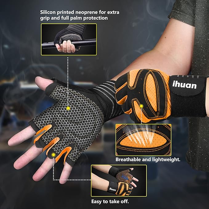 ihuan Ventilated Weight Lifting Gym Workout Gloves with Wrist Wrap Support for Men & Women, Full Palm Protection, for Weightlifting, Training, Fitness, Hanging, Pull ups