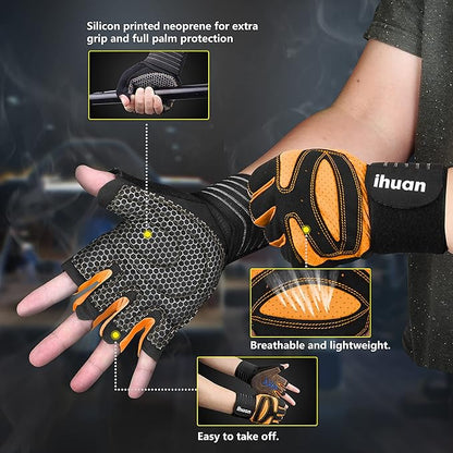 ihuan Ventilated Weight Lifting Gym Workout Gloves with Wrist Wrap Support for Men & Women, Full Palm Protection, for Weightlifting, Training, Fitness, Hanging, Pull ups