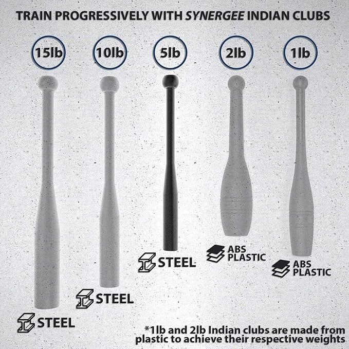 Synergee Indian Clubs 1lb, 2lb, 5lb, 10lb & 15lb. Power Clubs - Exercise Weight Club Bells - Grip and Forearm Strength Trainer - Sold in Pairs