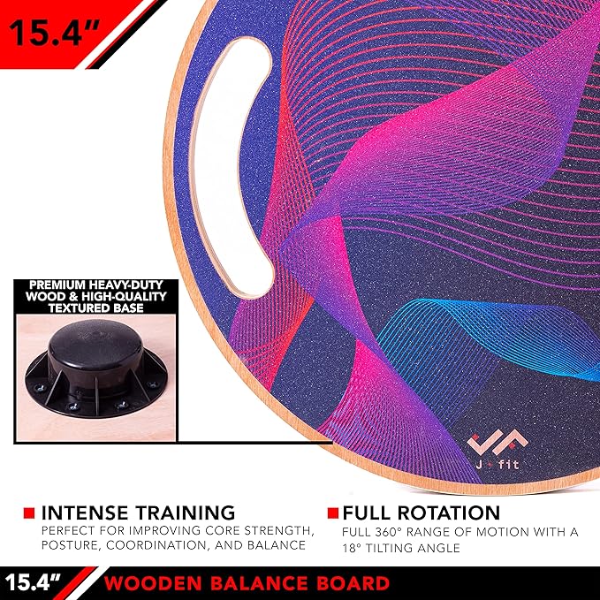 JFIT Balance Board, 15.4” – 360° Rotation, for Balance, Coordination, Posture - Large, Wooden Wobble Boards with 18° Tilting Angle for Workouts - Premium Core Trainer Equipment