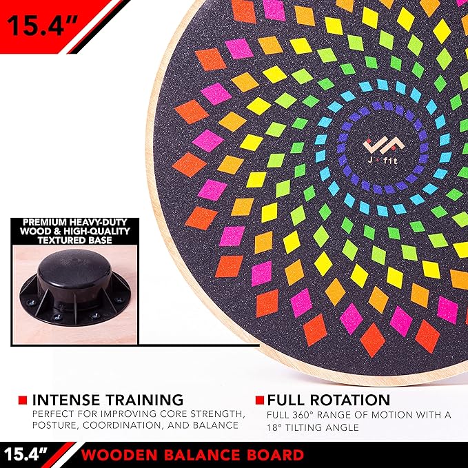 JFIT Balance Board, 15.4” – 360° Rotation, for Balance, Coordination, Posture - Large, Wooden Wobble Boards with 18° Tilting Angle for Workouts - Premium Core Trainer Equipment