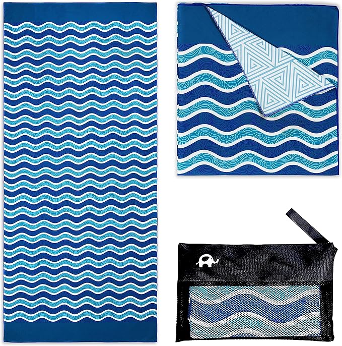 Elite Trend Large Beach Towel for Travel – 63x31 Inch w/Bag – Lightweight Microfiber, Compact, Soft, Quick Dry, Sand Free – for Swimming, Pool, Camping, Yoga, Workout, Golf – Blue Sea