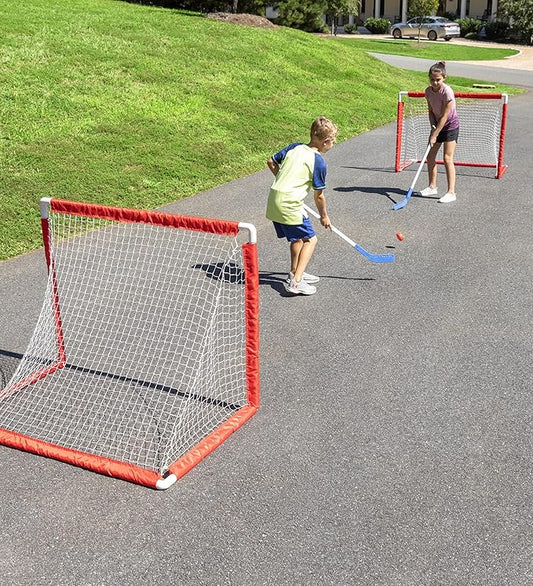 HearthSong Indoor and Outdoor Street and Hallway Hockey Game Set for Kids with Two 37" H Goals, Two Sticks and a Puck