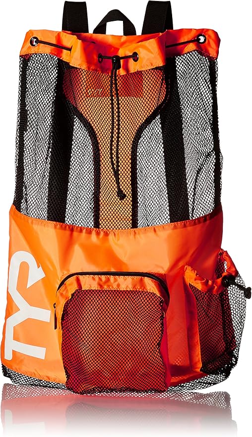 TYR Big Mesh Mummy Backpack For Wet Swimming, Gym, and Workout Gear , Orange